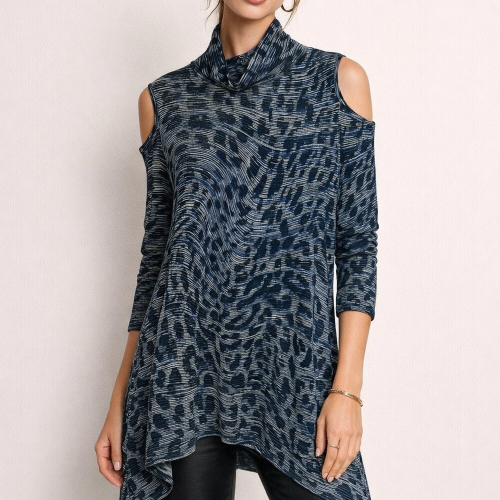 Clara Sunwoo Small S Blue‎ Black Leopard Mock Neck Cold Shoulder Knit Tunic Top